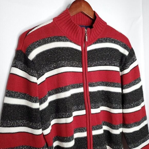 Striped Cotton Cardigan Sweater L Zip Closure Collared Sporty Red Black White - Picture 2 of 5